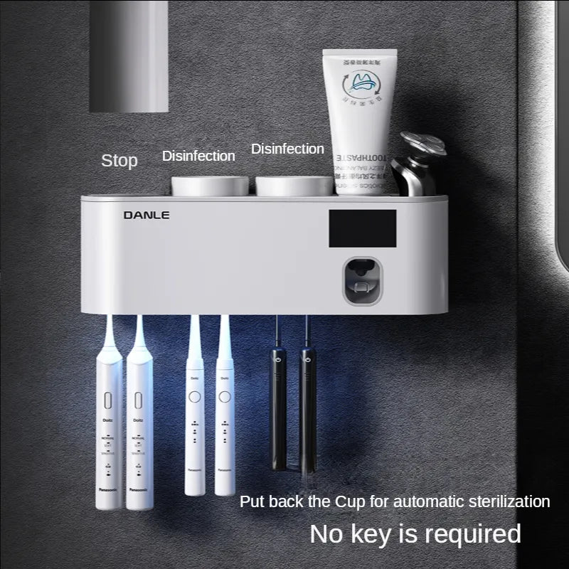 Introducing the Ultimate Bathroom Upgrade:  Wall-Mount Solar Toothbrush & Toothpaste Disinfector  Total Sterilization Smart UV Technology Space-Saving Design Rechargeable & Eco-Friendly Transform Your Bathroom Today!"