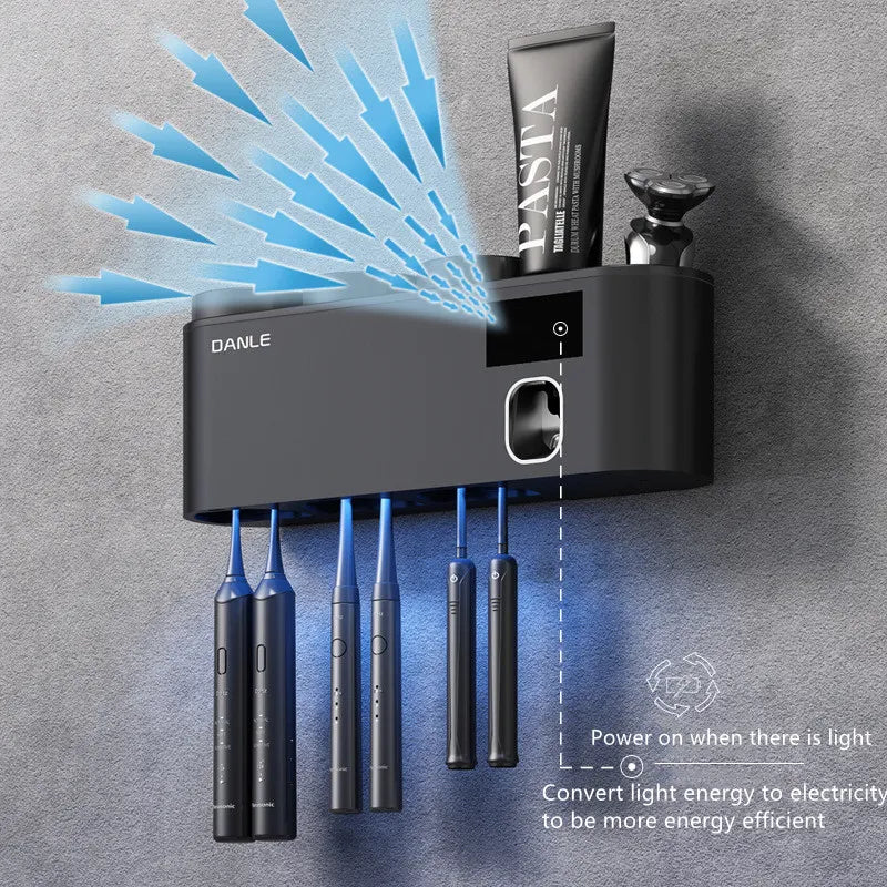 Introducing the Ultimate Bathroom Upgrade:  Wall-Mount Solar Toothbrush & Toothpaste Disinfector  Total Sterilization Smart UV Technology Space-Saving Design Rechargeable & Eco-Friendly Transform Your Bathroom Today!"