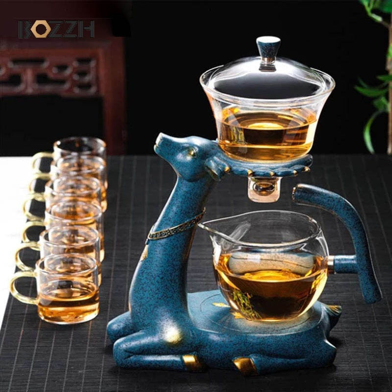 BOZZH Full Automatic Creative Deer Teapot Kungfu Glass Tea Set Magnetic Water Diversion Tea Infuser Turkish Drip Pot With Base